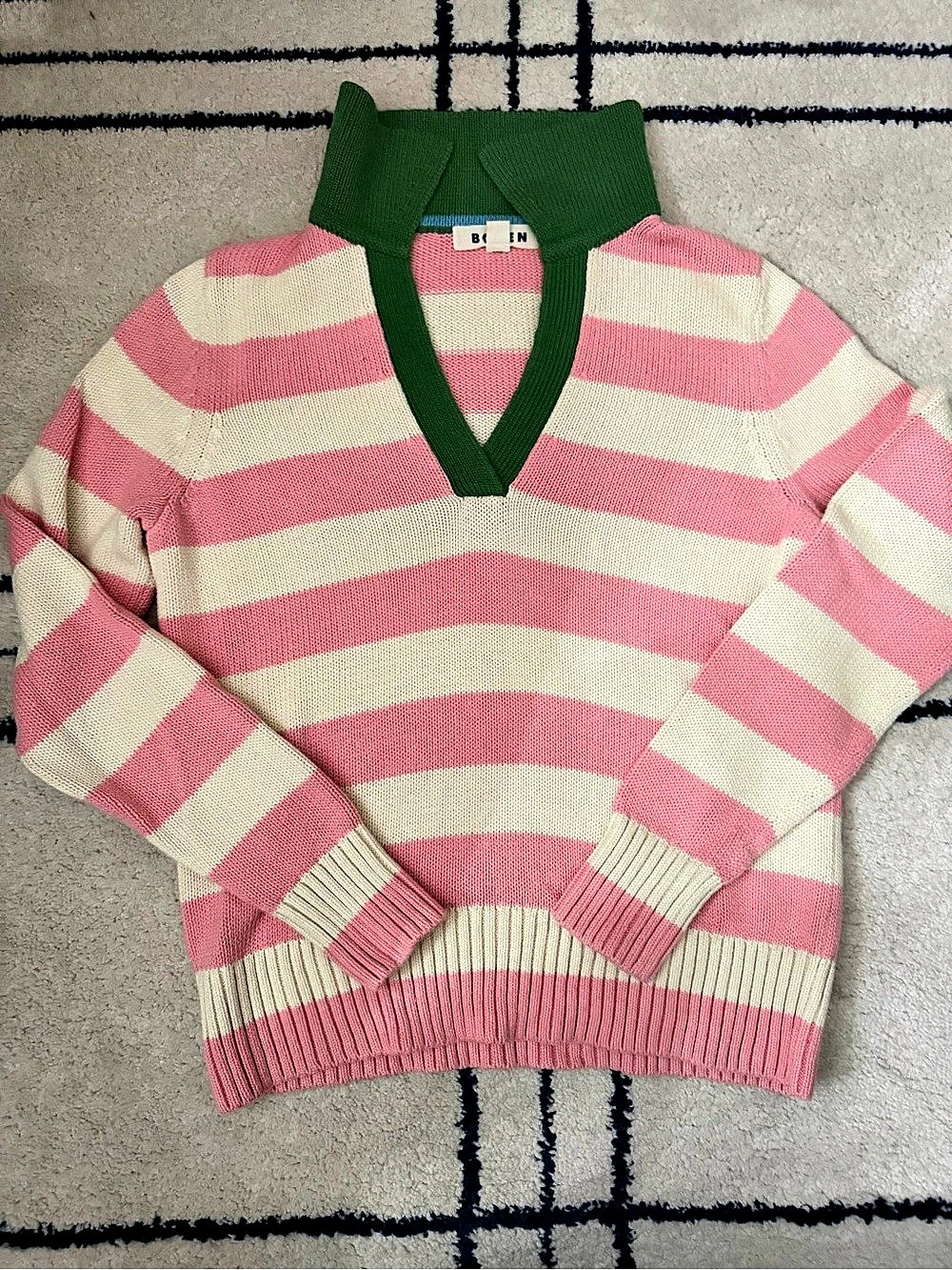 BODEN Agnes Collared Linen Jumper Striped V-Neck Pink & Cream XS